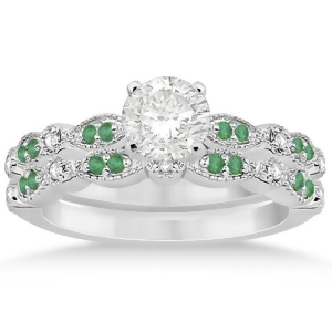 Petite Emerald and Diamond Marquise Bridal Set 18k White Gold 0.41ct - All