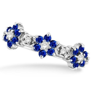 Blue Sapphire and Diamond Flower Stackable Ring 14k White Gold 0.90ct - All