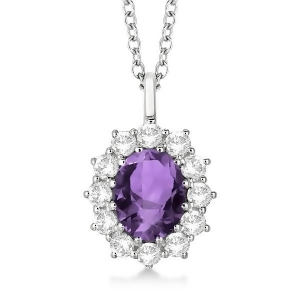 Oval Amethyst and Diamond Pendant Necklace 14k White Gold 3.60ctw - All