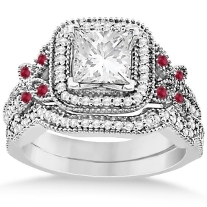 Ruby Square Halo Butterfly Bridal Set 14k White Gold 0.51ct - All