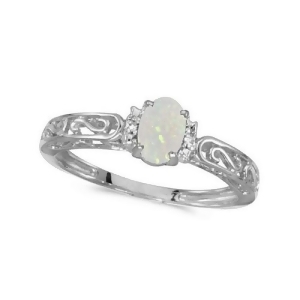 Oval Opal and Diamond Filigree Antique Style Ring 14k White Gold - All