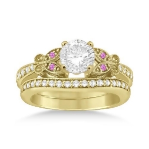 Butterfly Diamond and Pink Sapphire Bridal Set 18k Yellow Gold 0.42ct - All