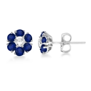 Diamond and Sapphire Flower Cluster Earrings 14K White Gold 1.91ctw - All