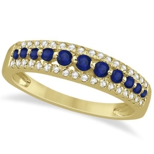 Three-row Blue Sapphire and Diamond Wedding Band 18k Yellow Gold 0.63ct - All