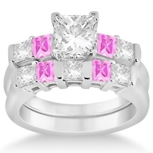 5 Stone Diamond and Pink Sapphire Bridal Set 14K White Gold 1.02ct - All