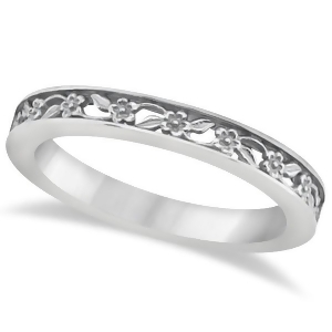 Flower Carved Wedding Ring Filigree Stackable Band 14kt White Gold - All