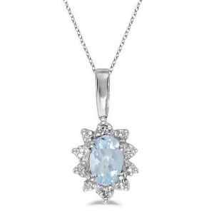 Aquamarine and Diamond Flower Shaped Pendant Necklace 14k White Gold - All