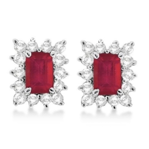 Emerald-cut Ruby and Diamond Stud Earrings 14k White Gold 1.80ctw - All