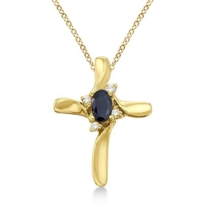 Blue Sapphire and Diamond Cross Necklace Pendant 14k Yellow Gold - All