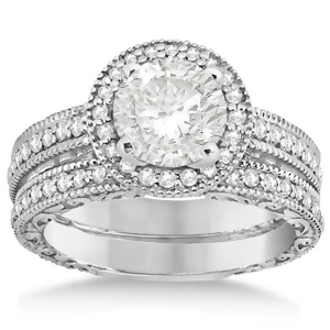 Filigree Halo Engagement Ring and Wedding Band 18kt White Gold 0.50ct. - All