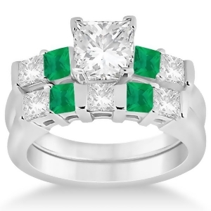 5 Stone Diamond and Green Emerald Bridal Ring Set Palladium 1.02ct - All