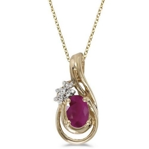 Oval Ruby and Diamond Teardrop Pendant Necklace 14k Yellow Gold - All