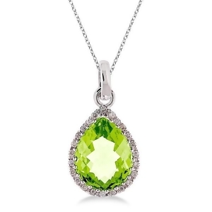 Pear Shaped Peridot and Diamond Pendant Necklace 14k White Gold - All