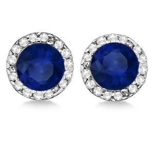 Diamond and Blue Sapphire Earrings Halo 14K White Gold 1.15tcw - All
