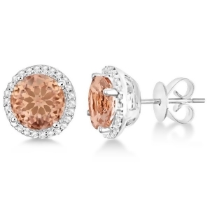 Round Morganite and Diamond Halo Stud Earrings Sterling Silver 2.66ct - All