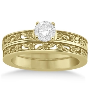Flower Carved Solitaire Engagement Ring and Wedding Band 18k Yellow Gold - All