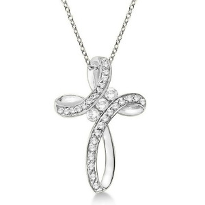 Diamond Swirl Cross Pendant Necklace 14k White Gold 0.25ct - All