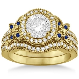Butterfly Diamond and Sapphire Engagement Set 14k Yellow Gold 0.50ct - All
