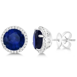 Round Sapphire and Diamond Halo Stud Earrings Sterling Silver 3.36ct - All