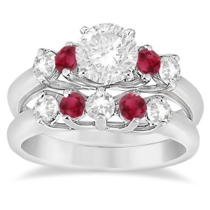 Five Stone Diamond and Ruby Bridal Ring Set 14k White Gold 1.10ct - All