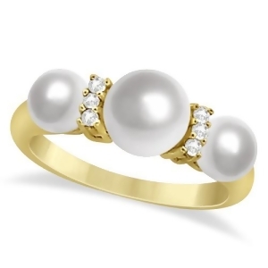 Three Stone Freshwater Pearl and Diamond Ring 14K Yellow Gold 7-7.5m - All
