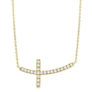 Diamond Sideways Curved Cross Pendant Necklace 14k Yellow Gold 0.33 ct - All