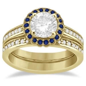 Halo Diamond and Blue Sapphire Bridal Ring Set 14k Yellow Gold 0.83ct - All