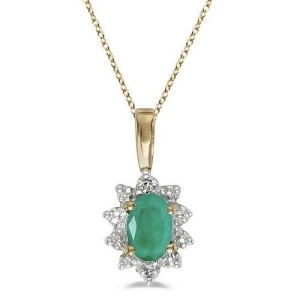 Oval Emerald and Diamond Flower Shaped Pendant Necklace 14k Yellow Gold - All