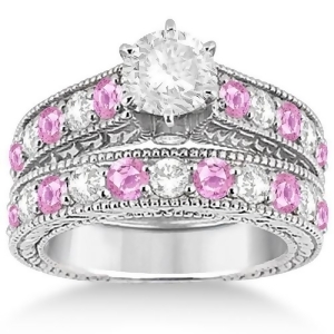 Antique Diamond and Pink Sapphire Bridal Ring Set in Palladium 2.87ct - All