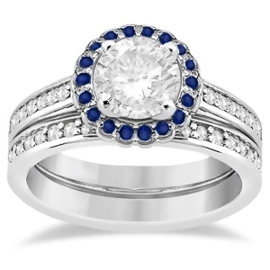 Halo Diamond and Blue Sapphire Bridal Ring Set 14k White Gold 0.83ct - All