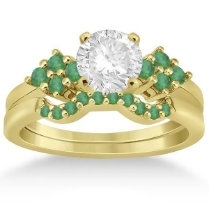 Green Emerald Engagement Ring and Wedding Band 18k Yellow Gold 0.40ct - All