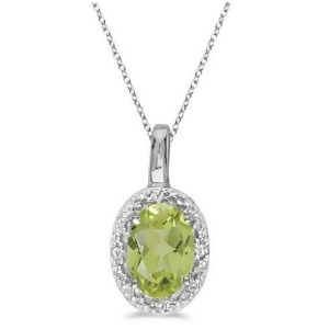 Oval Peridot and Diamond Pendant Necklace 14k White Gold 0.55ctw - All