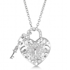 Diamond Heart Key and Lock Pendant Necklace Sterling Silver 0.16ct - All