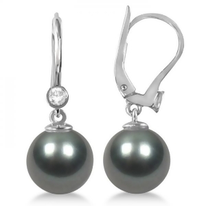 Tahitian Pearl and Diamond Leverback Earrings 14K White Gold 9-10mm - All