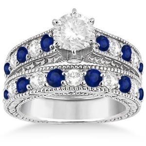Antique Diamond and Sapphire Bridal Ring Set in Solid Palladium 2.87ct - All