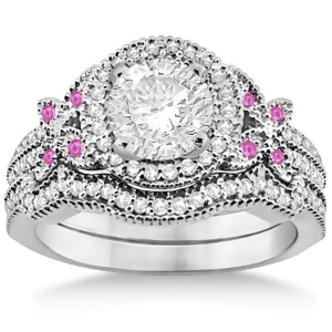 Butterfly Diamond and Pink Sapphire Engagement Set 14k White Gold 0.50ct - All