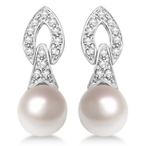 Cultured Freshwater Pearl and Diamond Drop Earrings 14K White Gold 7mm - All