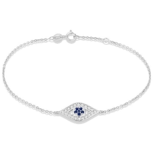 Blue Sapphire Evil Eye Diamond Bracelet in 14k White Gold 1.15ct - All