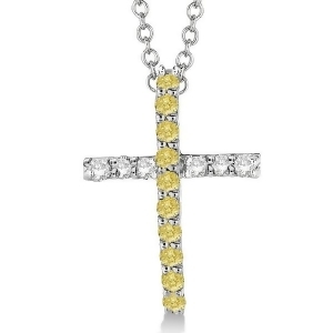 Yellow and White Diamond Cross Pendant Necklace 14k White Gold 0.25ct - All