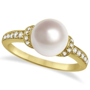 Solitaire Freshwater Cultured Pearl and Diamond Ring 14K Yellow Gold 8mm - All