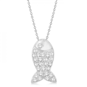 Fish Shaped Diamond Pendant Necklace Pave Set 14k White Gold 0.26ct - All