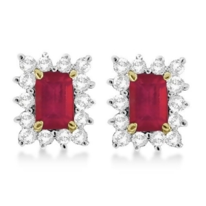 Emerald-cut Ruby and Diamond Stud Earrings 14k Yellow Gold 1.80ctw - All