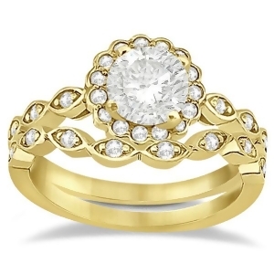 Floral Diamond Halo Bridal Set Ring and Band 14k Yellow Gold 0.36ct - All