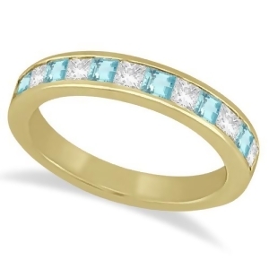 Channel Aquamarine and Diamond Wedding Ring 14k Yellow Gold 0.70ct - All