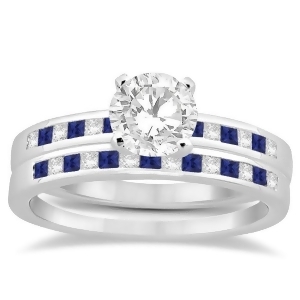 Princess Diamond and Blue Sapphire Bridal Ring Set 14k White Gold 0.54ct - All