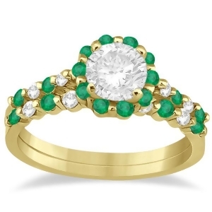Diamond and Emerald Engagement Ring Bridal Set 18K Yellow Gold 0.94ct - All
