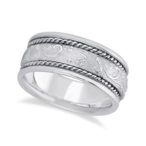 Men's Fancy Satin Finish Carved Wedding Ring 14k White Gold 8.5mm - All