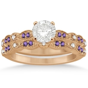 Marquise and Dot Amethyst and Diamond Bridal Set 14k Rose Gold 0.49ct - All
