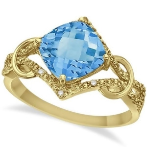 Cushion Blue Topaz and Diamond Right-Hand Ring 14k Yellow Gold 4.05ct - All