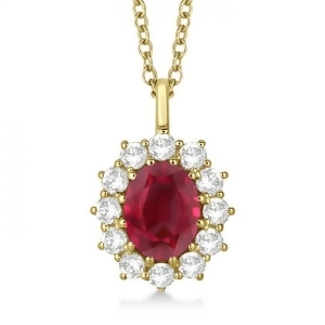 Oval Ruby and Diamond Pendant Necklace 14k Yellow Gold 3.60ctw - All